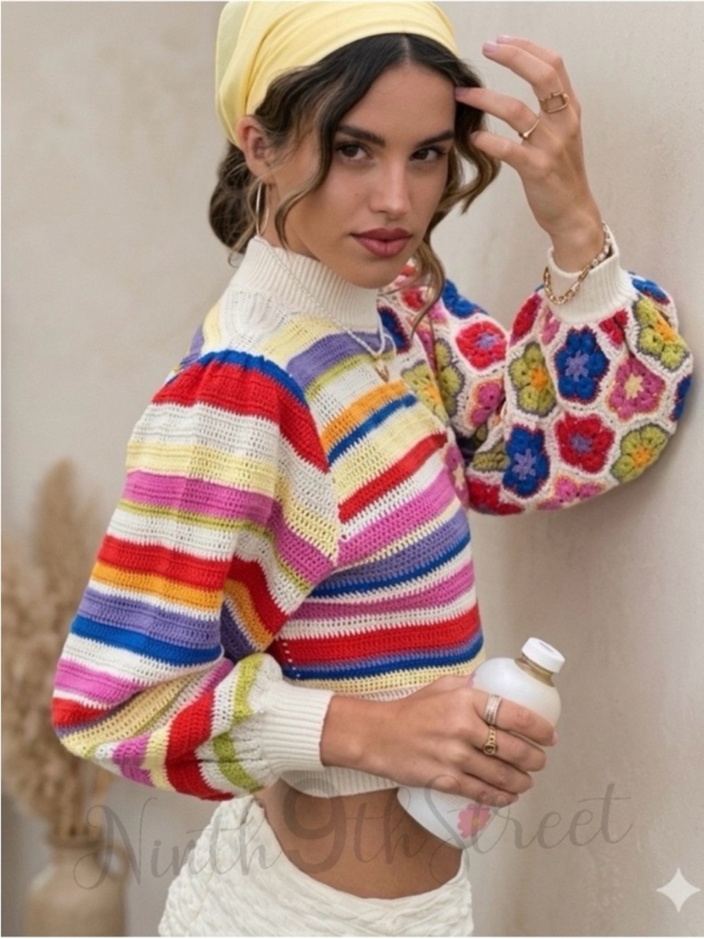 FARM Rio Rainbow Handmade Crochet Sweater Multicolor Mock Neck Women's Large NWT
